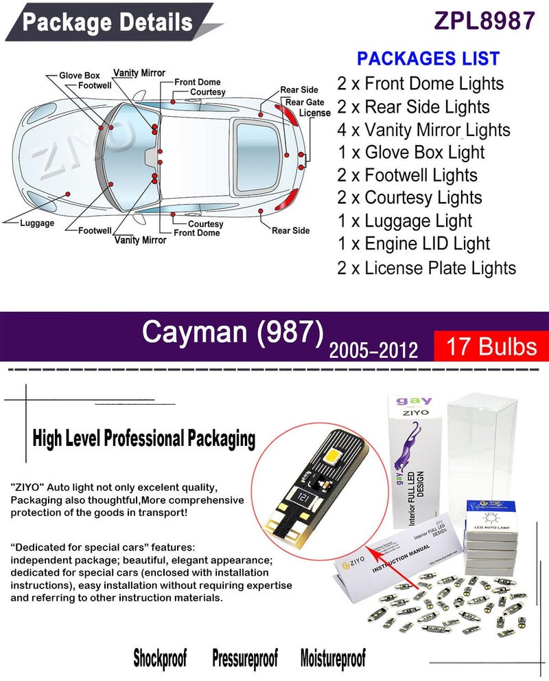 ZIYOLIGHT ZIYO LED Interior Light Kit Replacement for Porsche 987 Boxster Cayman 2005-2012 + License Plate Light Bulbs Package, Xenon White Dome Lights Upgrade Error Free (Cayman 987 2005-2012) - Image 2